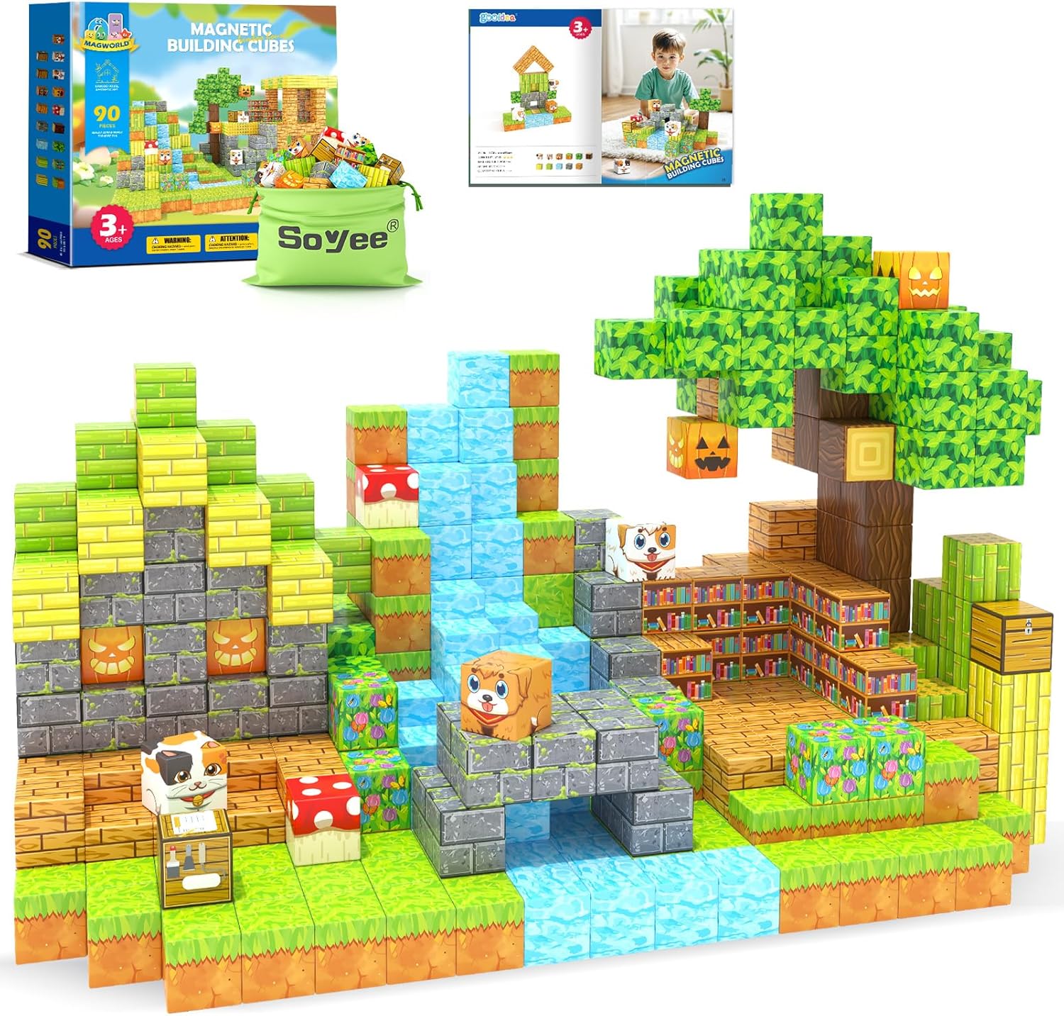 Magworld Magnetic Blocks - 90PCS Bamboo Reading Nook Building Craft