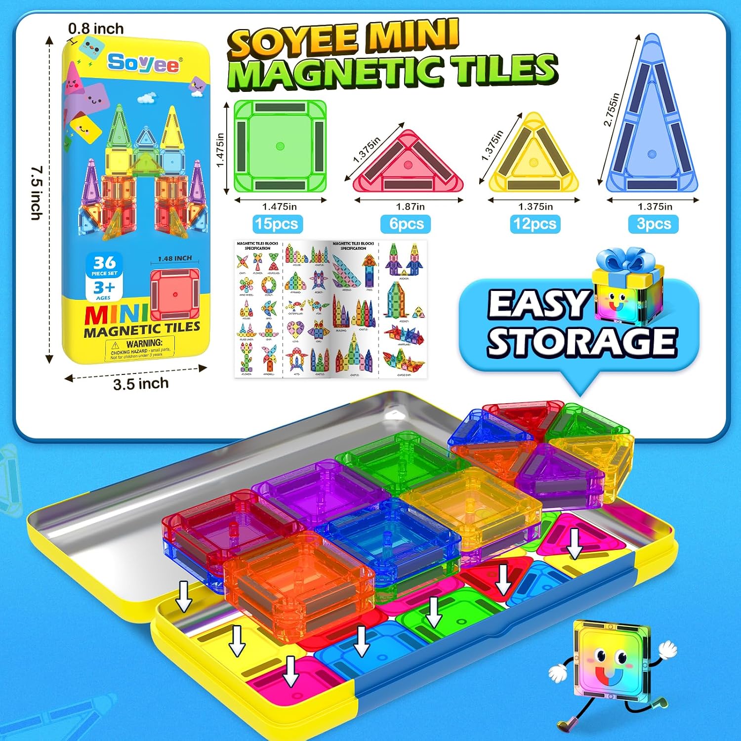 Mini Magnetic Tiles Travel Set STEM Educational Toys for Boys & Girls 3-8