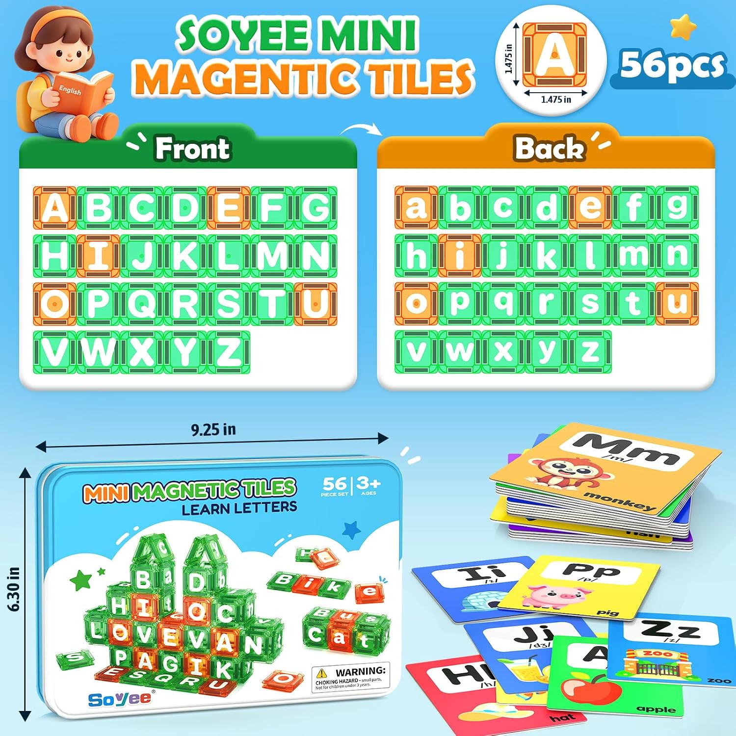 Magnetic Tiles Learn Letters Magnetic Building Blocks for Kids Ages 3-12 Double-Sided Uppercase & Lowercase Magnetic Letter Preschool Learning Toys, Educational STEM Toys & Back to School Supplies