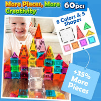Soyee Mini Travel Magnetic Tiles 60PCS with Metal Tin Case Toddler Kids Toys Travel Essentials, Toddler Travel Toys Portable STEM Building Blocks Compatibility with Regular Size Magnetic Tiles