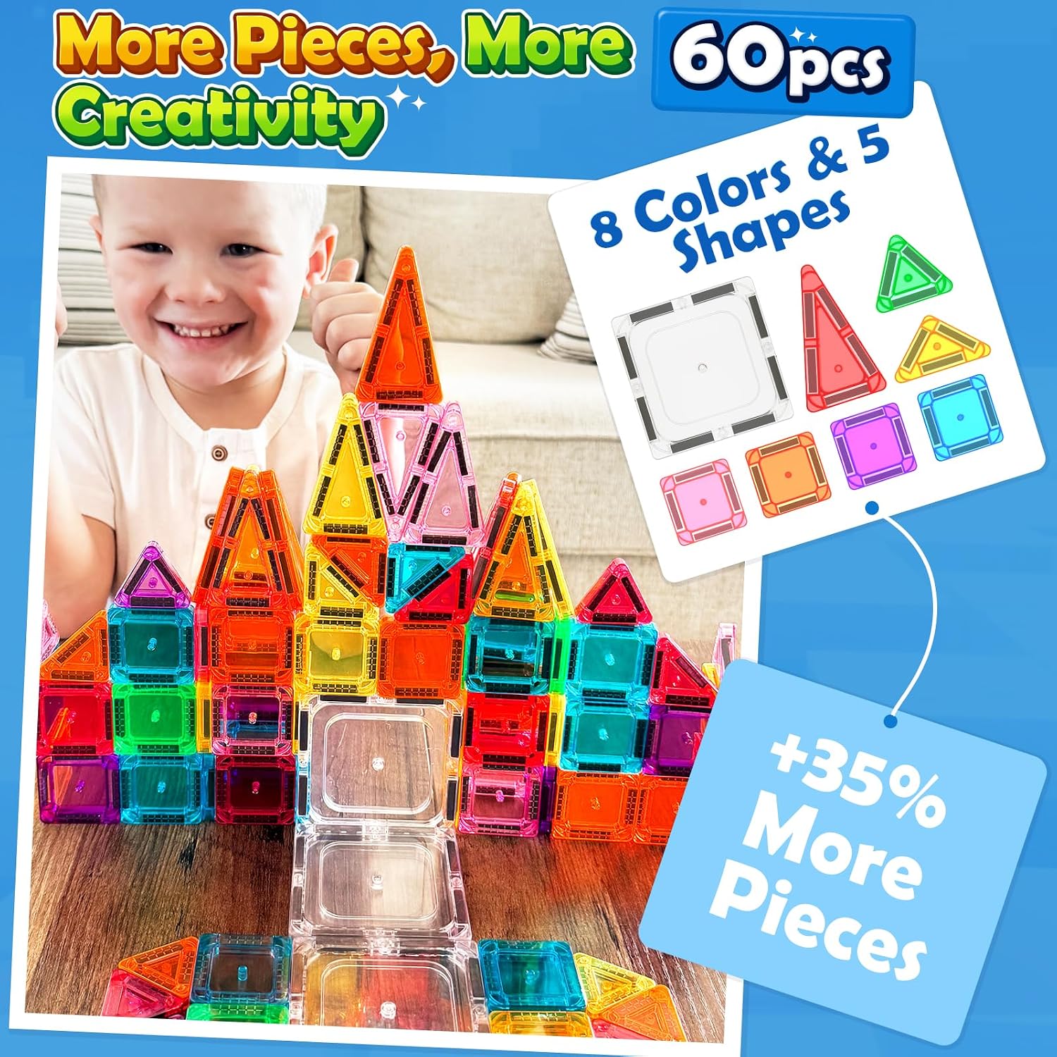 Soyee Mini Travel Magnetic Tiles 60PCS with Metal Tin Case Toddler Kids Toys Travel Essentials, Toddler Travel Toys Portable STEM Building Blocks Compatibility with Regular Size Magnetic Tiles