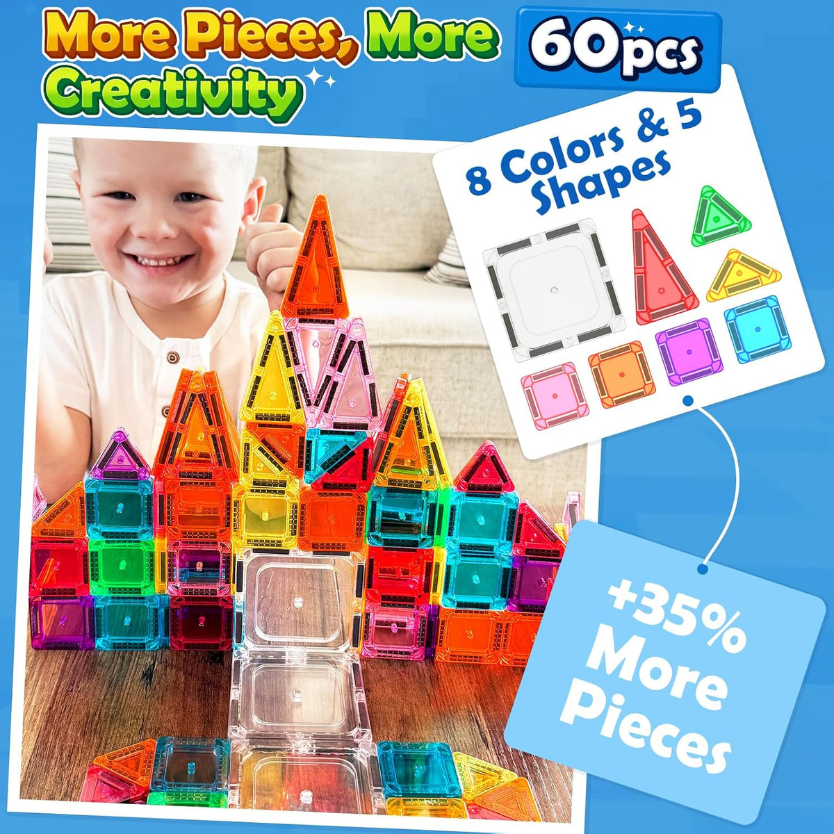 Soyee Mini Travel Magnetic Tiles 60PCS with Metal Tin Case Toddler Kids Toys Travel Essentials, Toddler Travel Toys Portable STEM Building Blocks Compatibility with Regular Size Magnetic Tiles