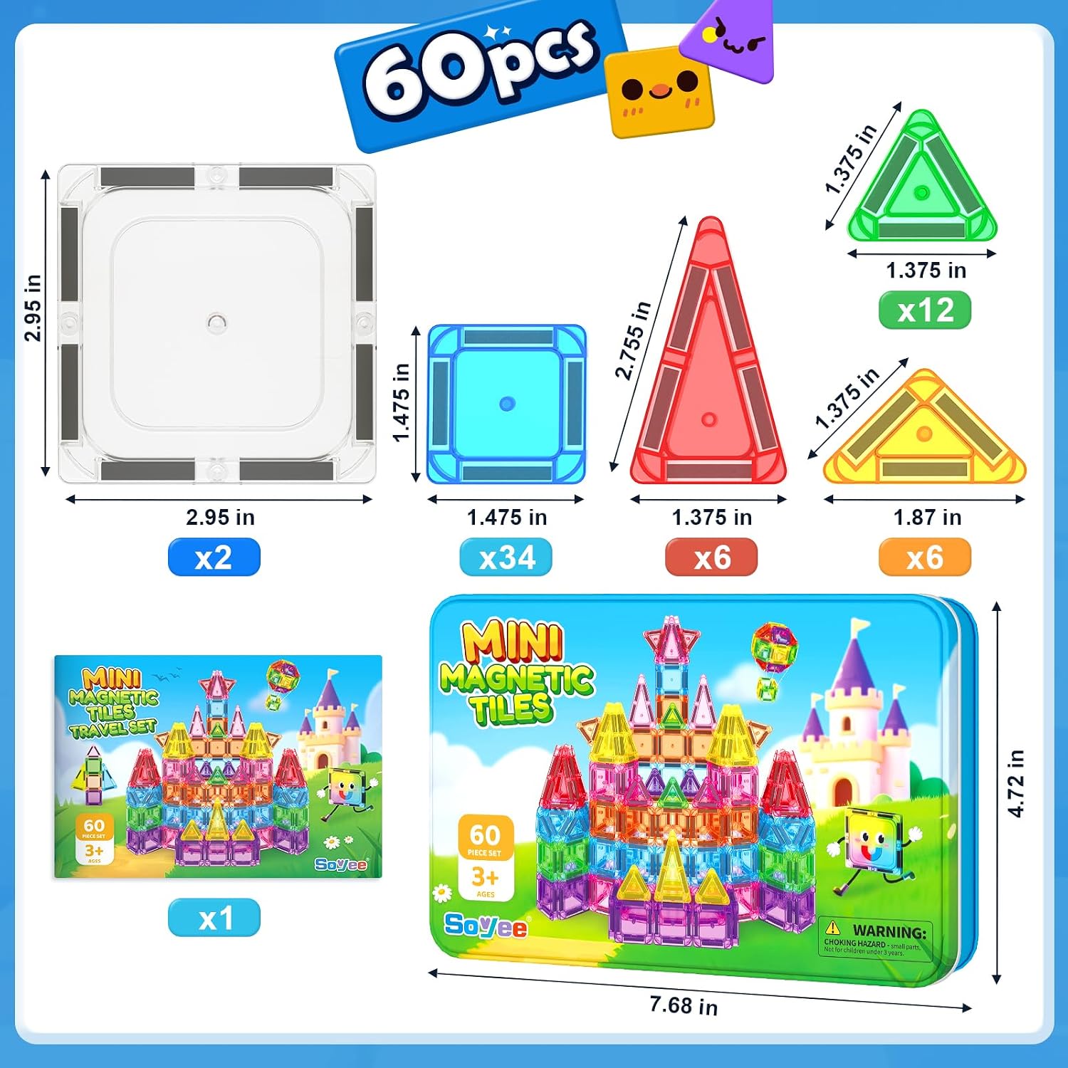 Soyee Mini Travel Magnetic Tiles 60PCS with Metal Tin Case Toddler Kids Toys Travel Essentials, Toddler Travel Toys Portable STEM Building Blocks Compatibility with Regular Size Magnetic Tiles