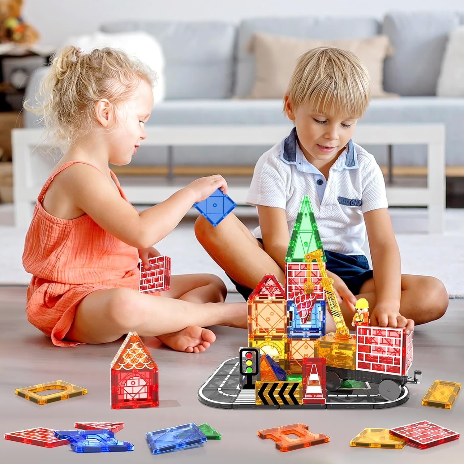 38PCS Magnetic Tiles Construction Set With Magnet Crane Car Toys