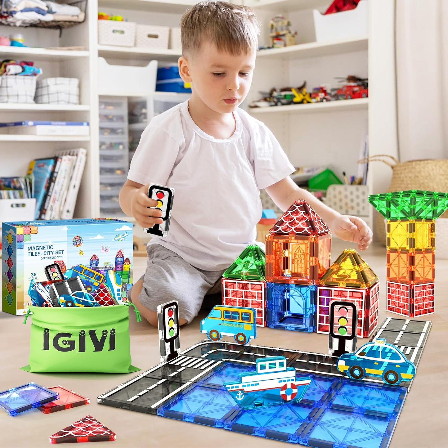 38PCS Magnetic Tiles Road Set