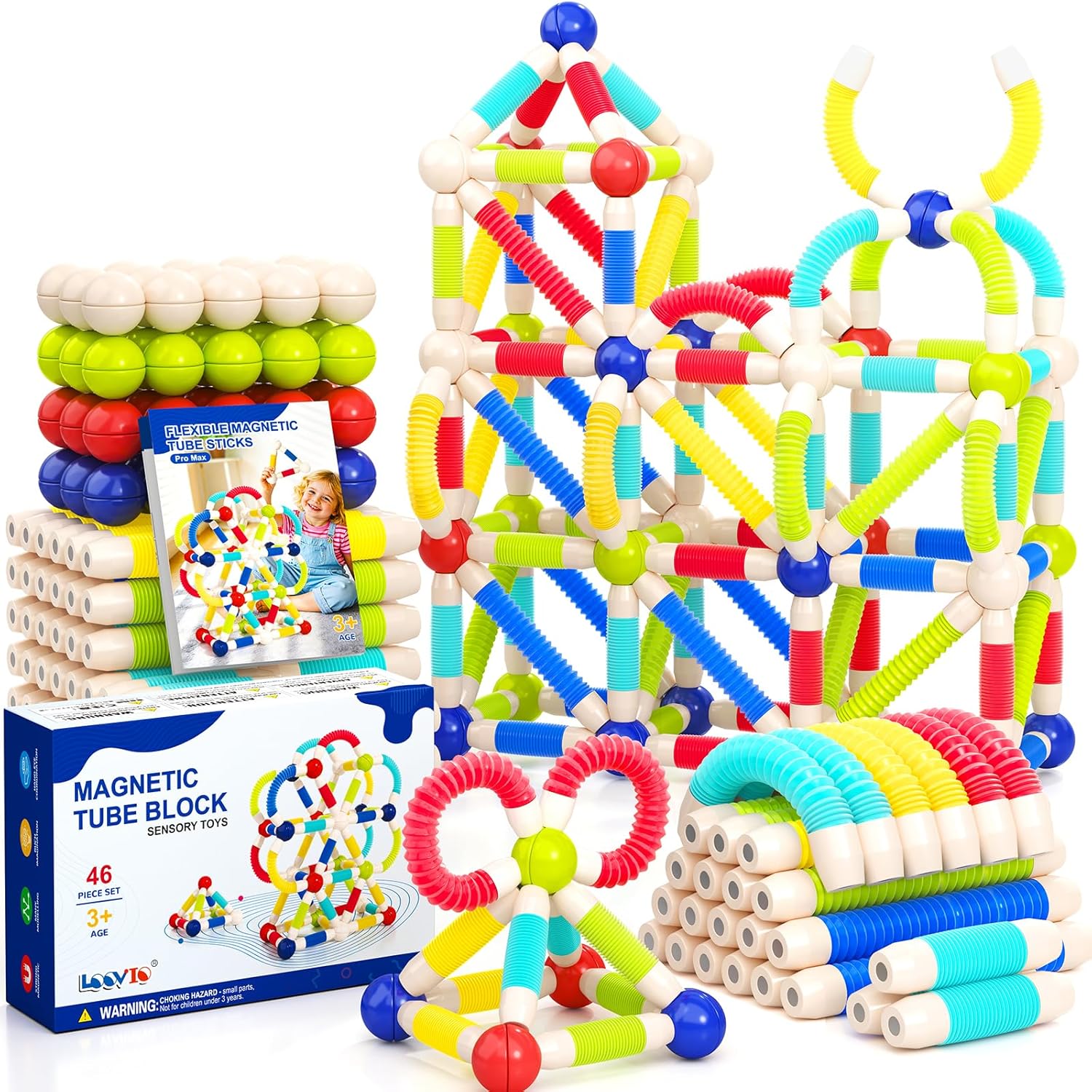 Magnetic Toys for 3 Year Old Boys & Girls, 46pcs Stem Activities & Montessori Smart Sticks for Kids & Toddlers, Magnetic Building Blocks & Balls for Preschool Ages 3-5, Educational Gifts Set