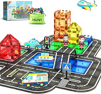 52 PCS Magnetic Tiles City Road Set with Magnet Car Toys