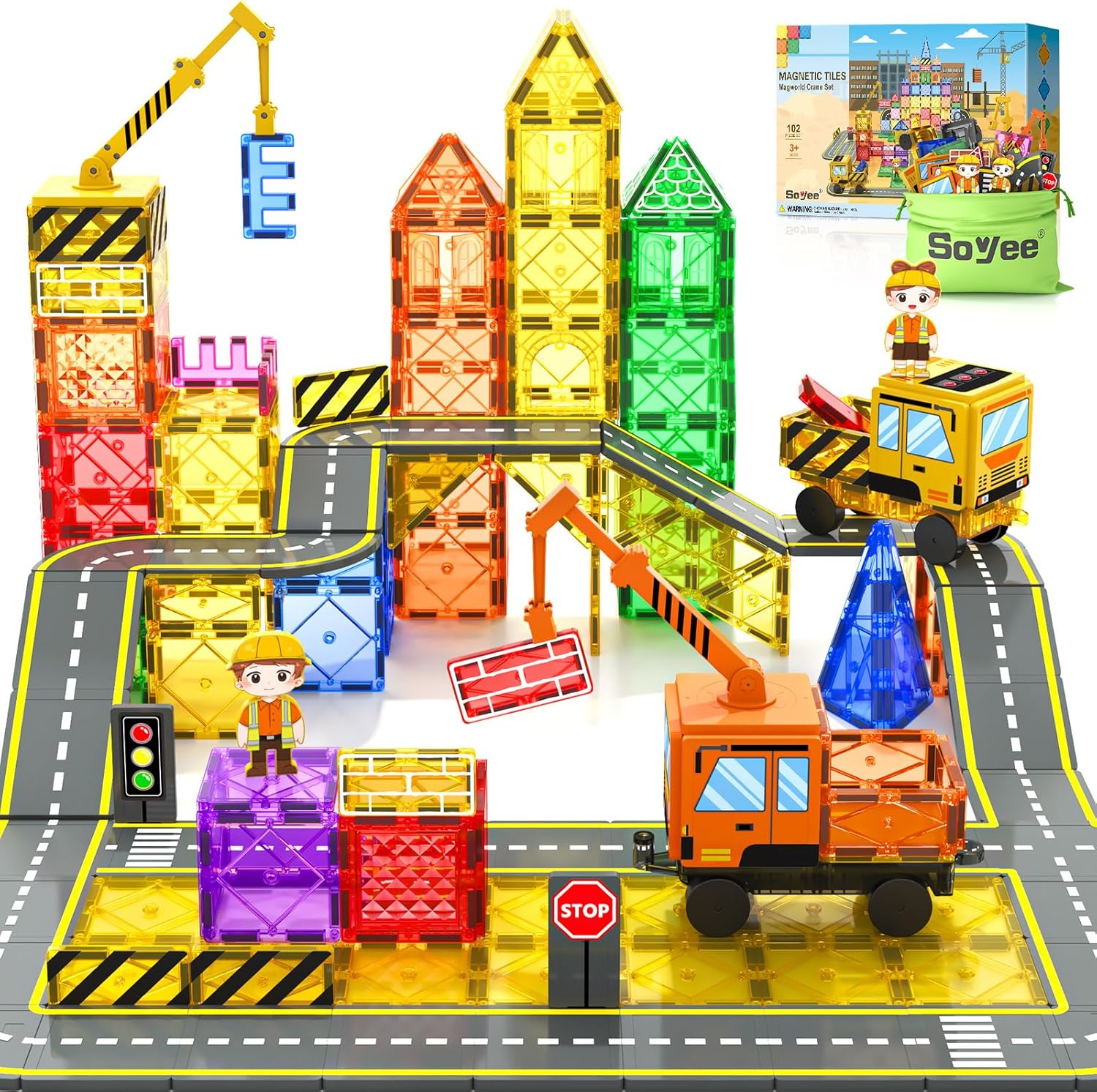 102 PCS Magnetic Tiles with 2 Cars & 2 Cranes