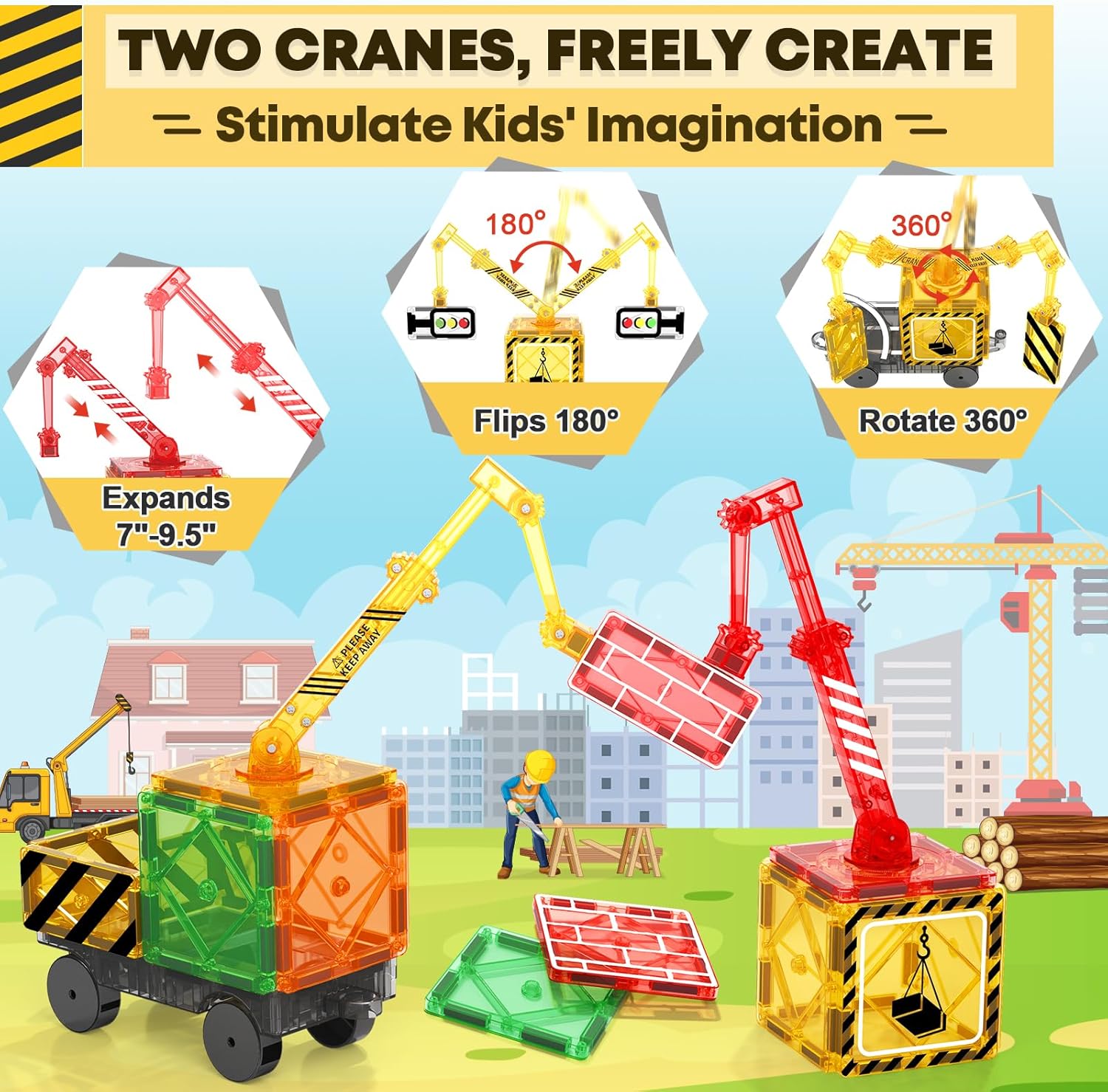 38PCS Magnetic Tiles with 2 Cranes Construction Toy