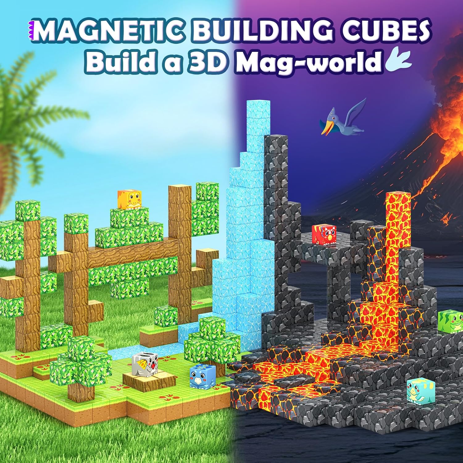 Magnetic Blocks Toys, Build Mine Magnet World Dinosaurs Set, Magnetic Tiles Building for Boys & Girls Kids Ages 3-5 5-7, STEM Montessori Sensory Toys for Toddlers Gifts for 3+ Years Old
