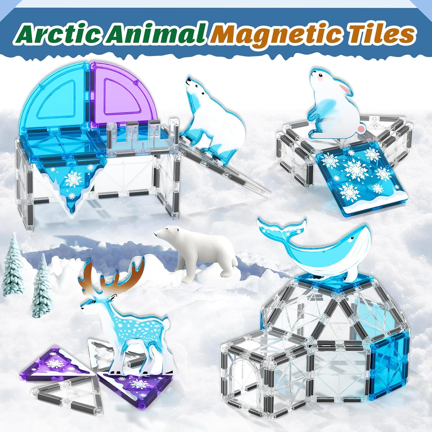 40PCS Magnetic Tiles Arctic Animals Wintry Prints Set