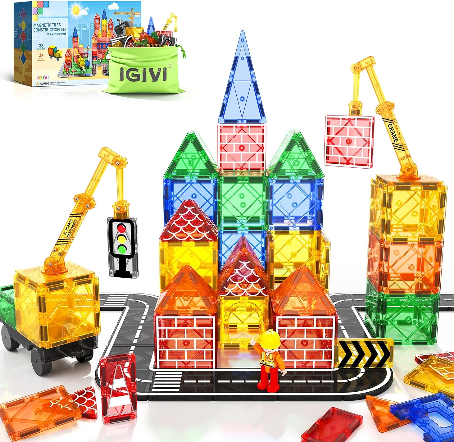 38PCS Magnetic Tiles Construction Set With Magnet Crane Car Toys