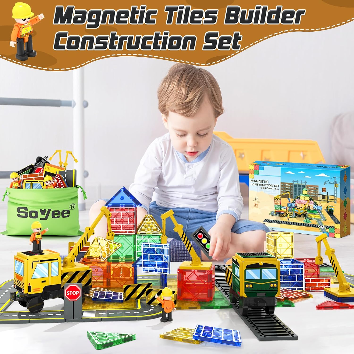 42PCS Magnetic Tiles with 2 Cranes Set