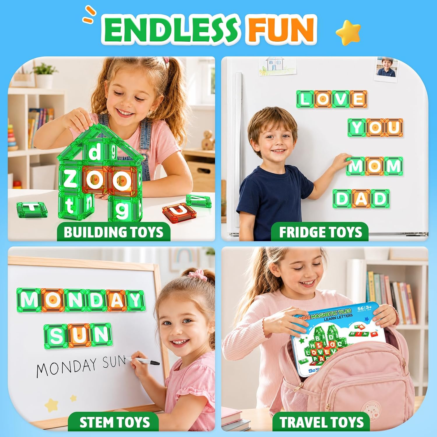 Magnetic Tiles Learn Letters Magnetic Building Blocks for Kids Ages 3-12 Double-Sided Uppercase & Lowercase Magnetic Letter Preschool Learning Toys, Educational STEM Toys & Back to School Supplies