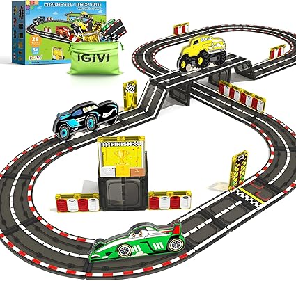 28 PCS Magnetic Tiles Racing Track & Road Expansion Set with Car Toys,