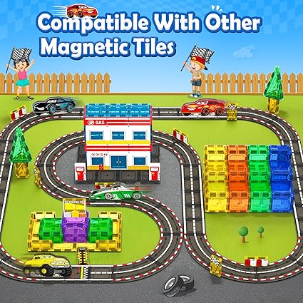 28 PCS Magnetic Tiles Racing Track & Road Expansion Set with Car Toys,