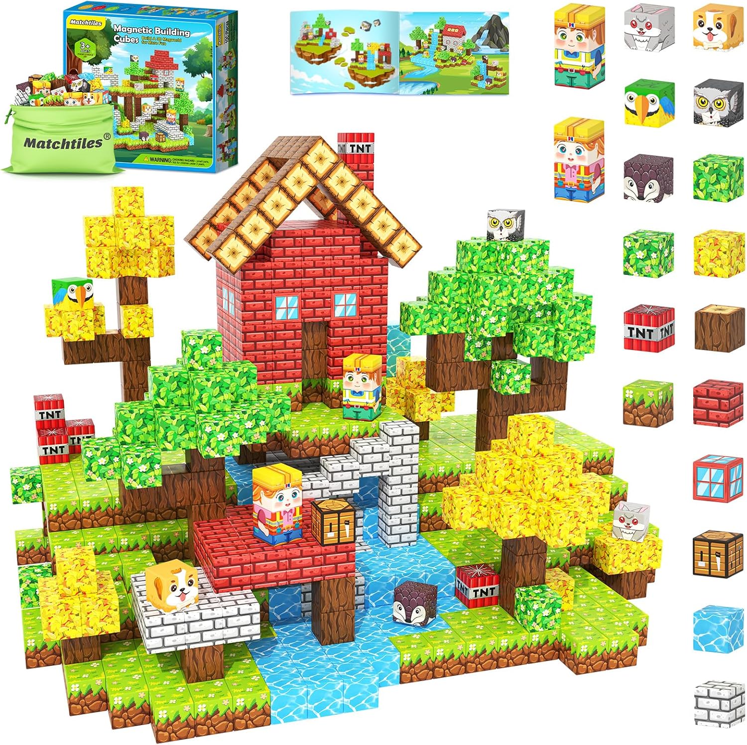 Magworld 100PCS Magnetic Blocks with Forest Animals Magnet Cube Toys Stacking Kids Toys