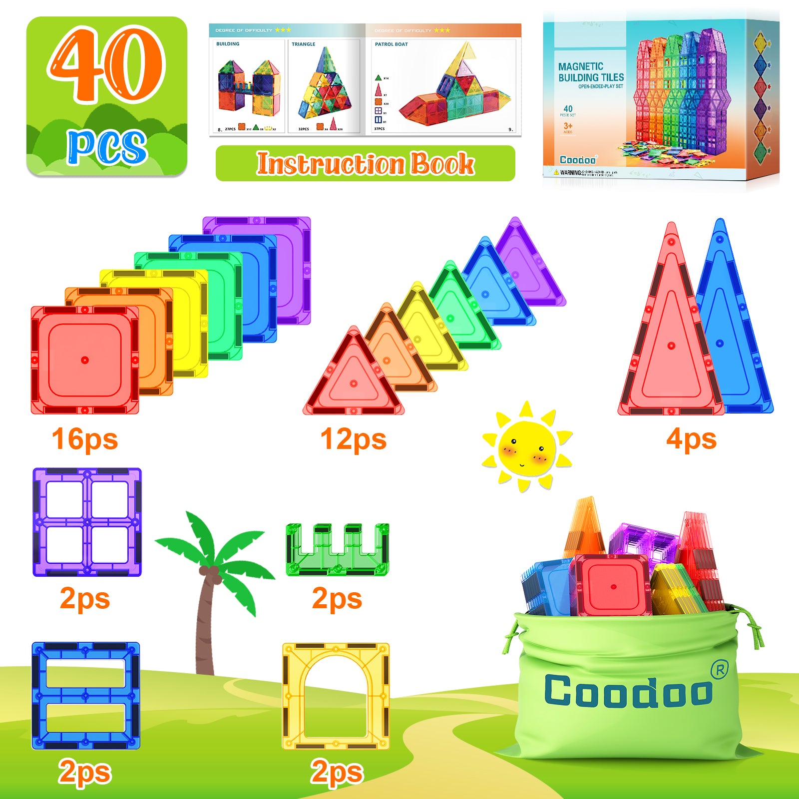 Magnetic Tiles Kids Toys STEM Magnet Toy for Toddler Magnetic Blocks Building Preschool Learning Sensory Montessori Toys for 3+ Year Old Boys and Girls, Safe Creativity Toddler Kids Toy 40PCS