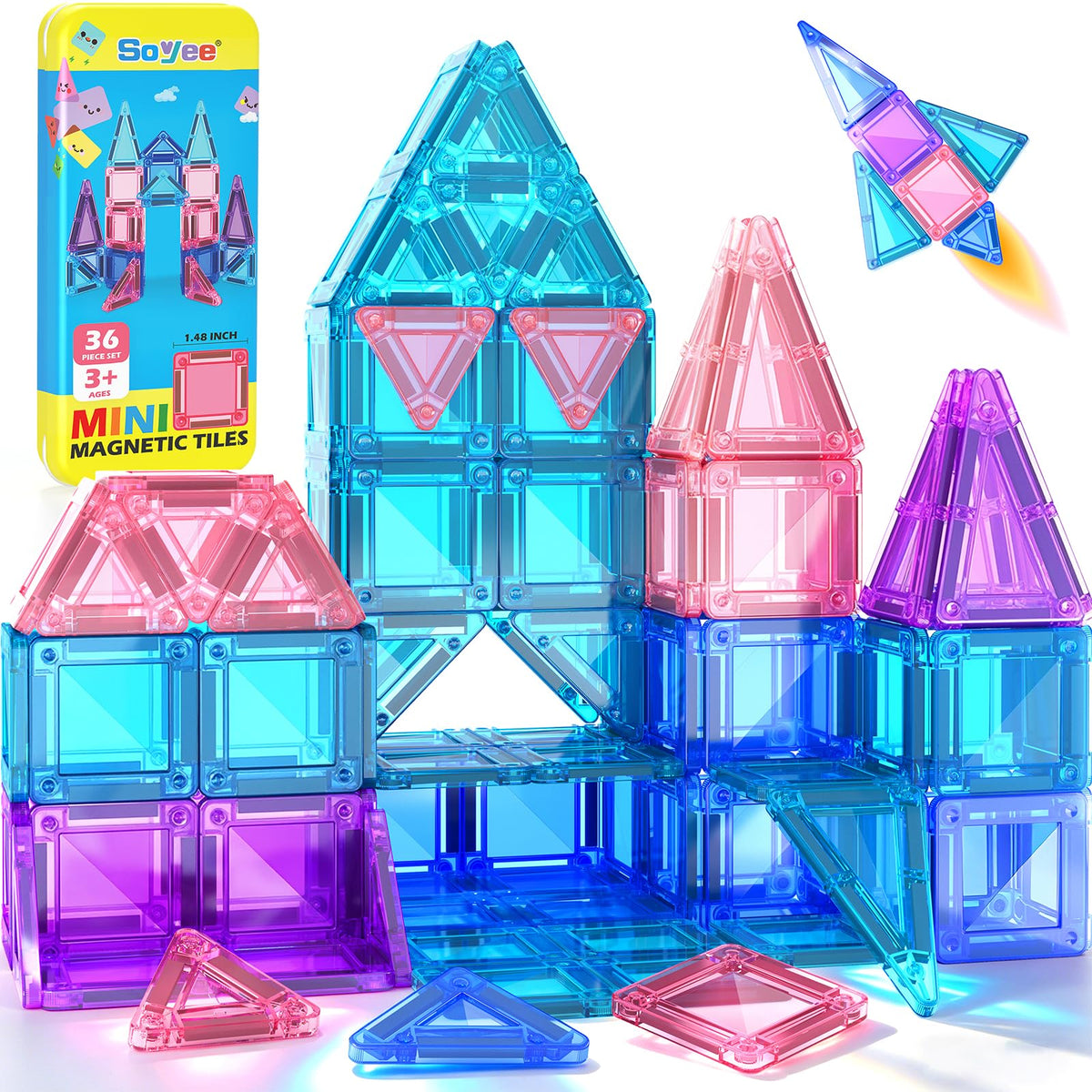 Magnetic Tiles Toddler Toys Travel Essential Games Magnet Building Blocks 36 PCS STEM Sensory Educational Toys