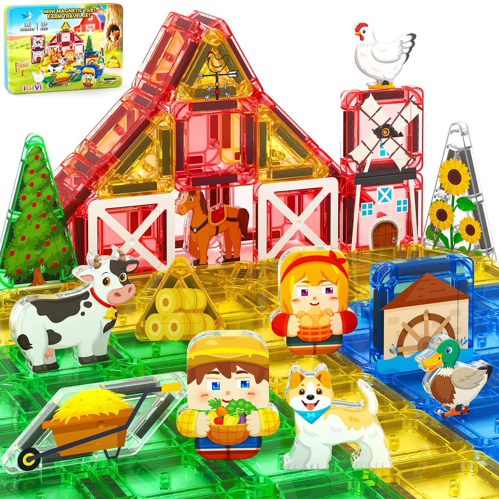Mini Magnetic Tiles Farm Travel Set, Magnet Building Blocks 36 PCS for Toddlers, STEM Travel Toys with Metal Storage Box, Preschool Classroom Must Haves