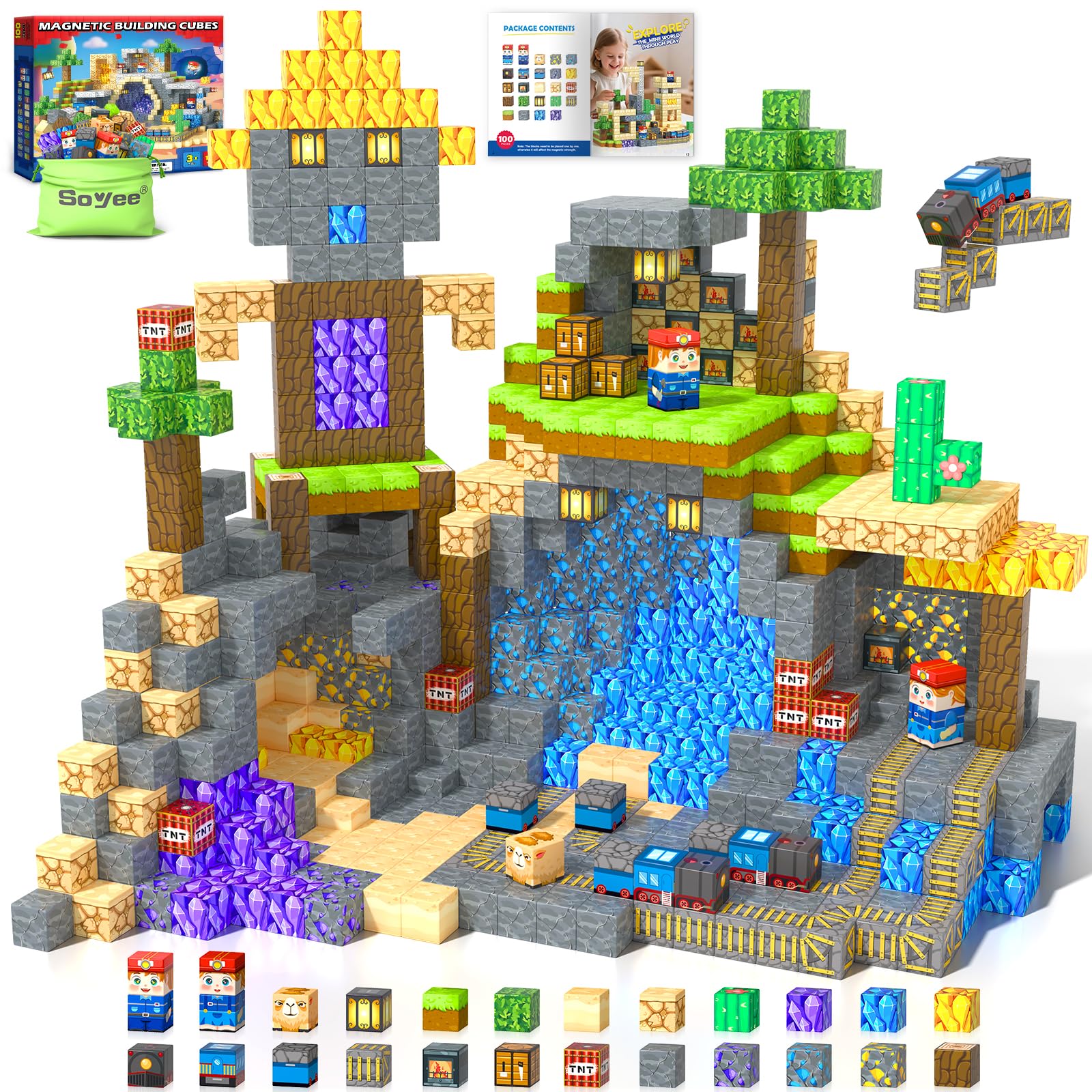 100PCS Magnetic Blocks: Build Mine Magnet World Set Magntic Toys for 4-8 STEM Building Cubes
