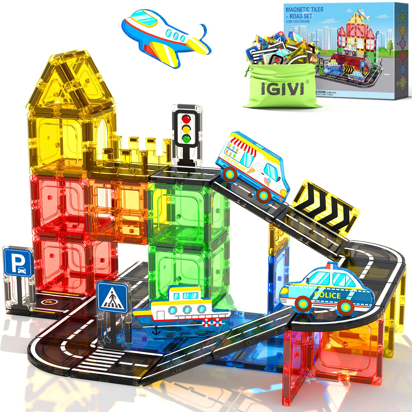 Magnetic Tiles Road Set 40 PCS, STEM Magnetic Blocks for Kids Construction Magnet Tiles