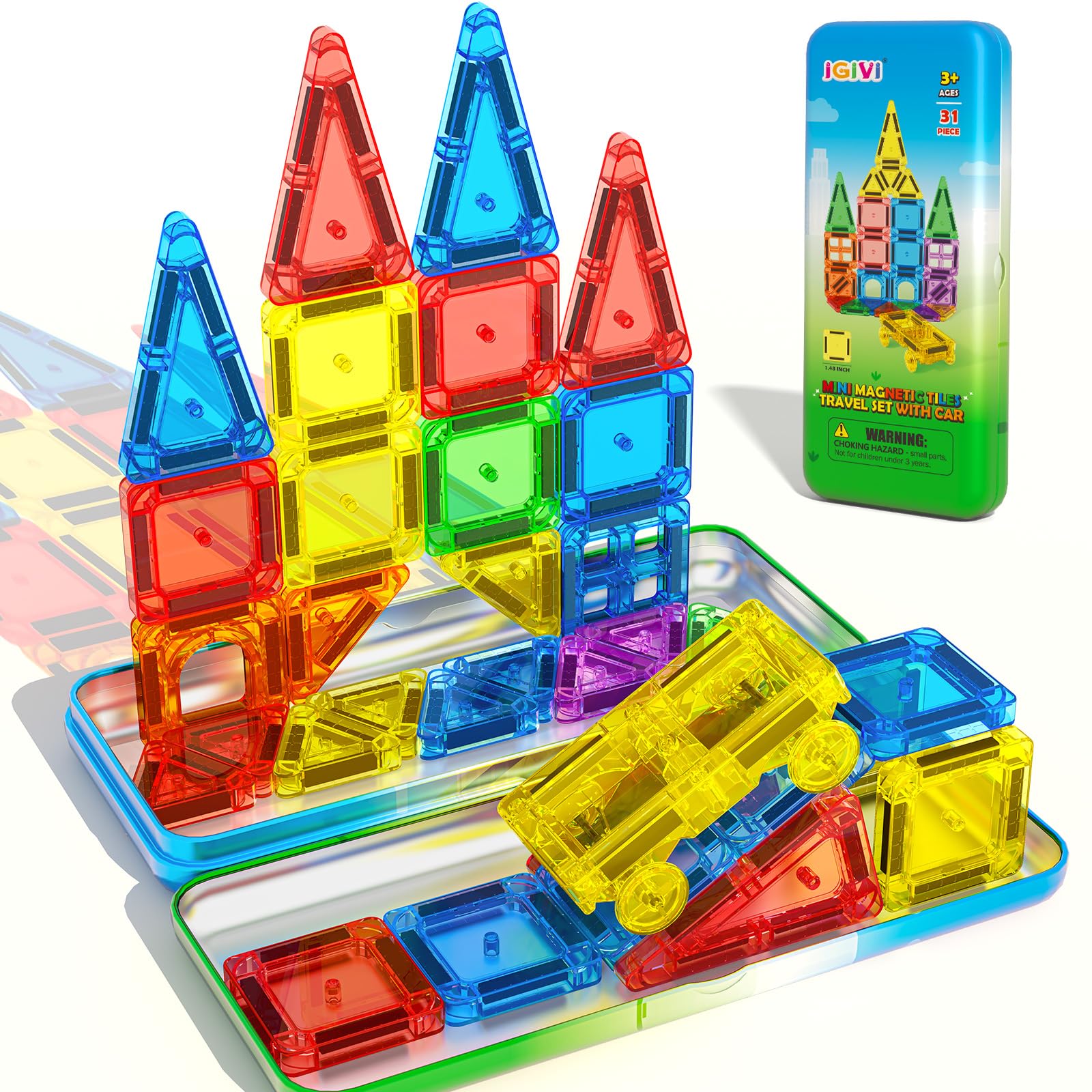 Mini Magnetic Tiles Travel Set with Car 31 PCS Magnetic Toys for Toddlers Portable Travel Kids Toys with Metal Storage Box
