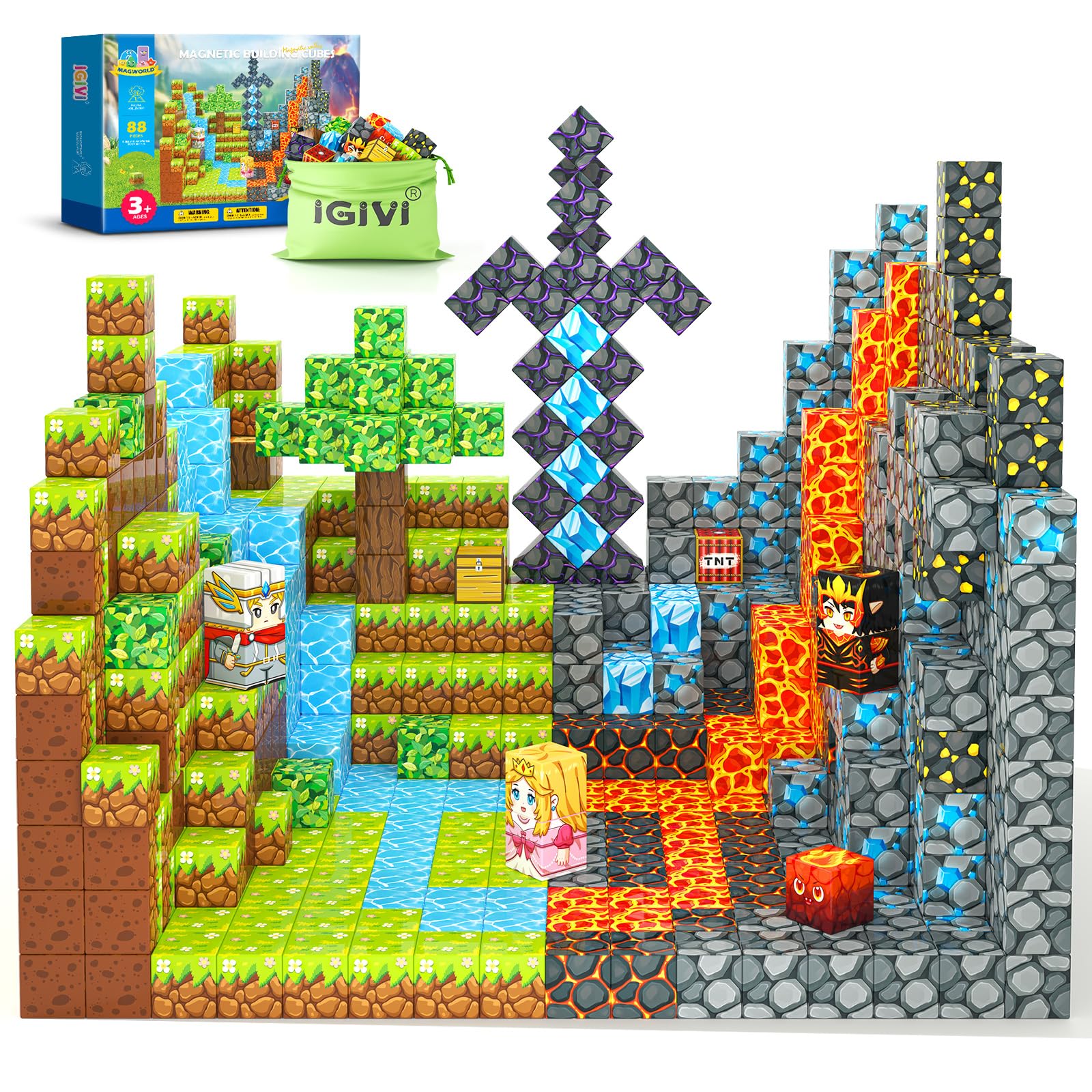 Magworld 88 PCS Magnetic Blocks - Build Mine Magnet World Lava Valley Set