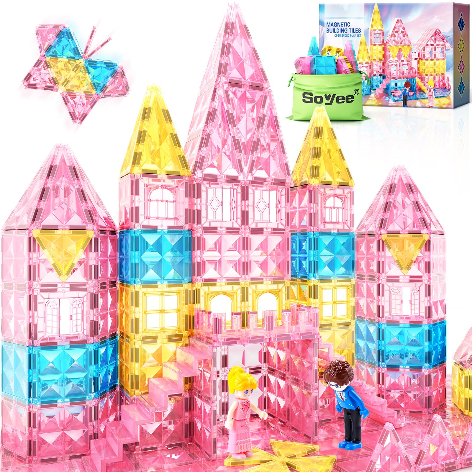 Magnetic Tiles 102pcs with 2 Stairs 2 Dolls Princess Castle Magnetic Building Blocks Girl Birthday Gifts