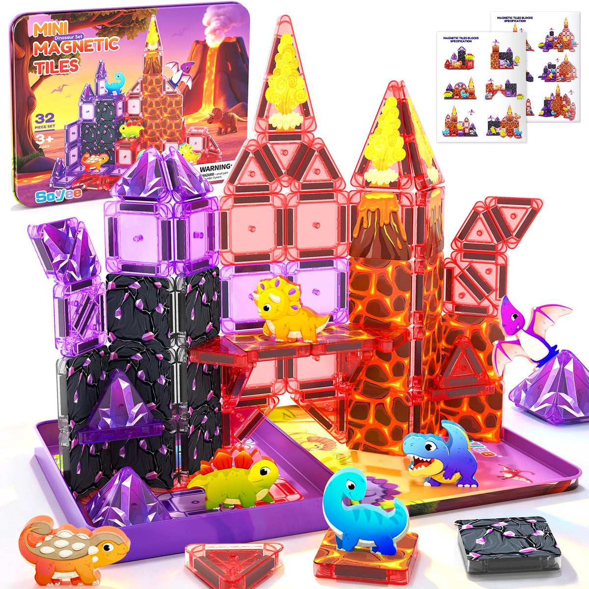 Mini Magnetic Tiles Kids Dinosaur Toys, Magnetic Blocks with 6 Dinosaurs