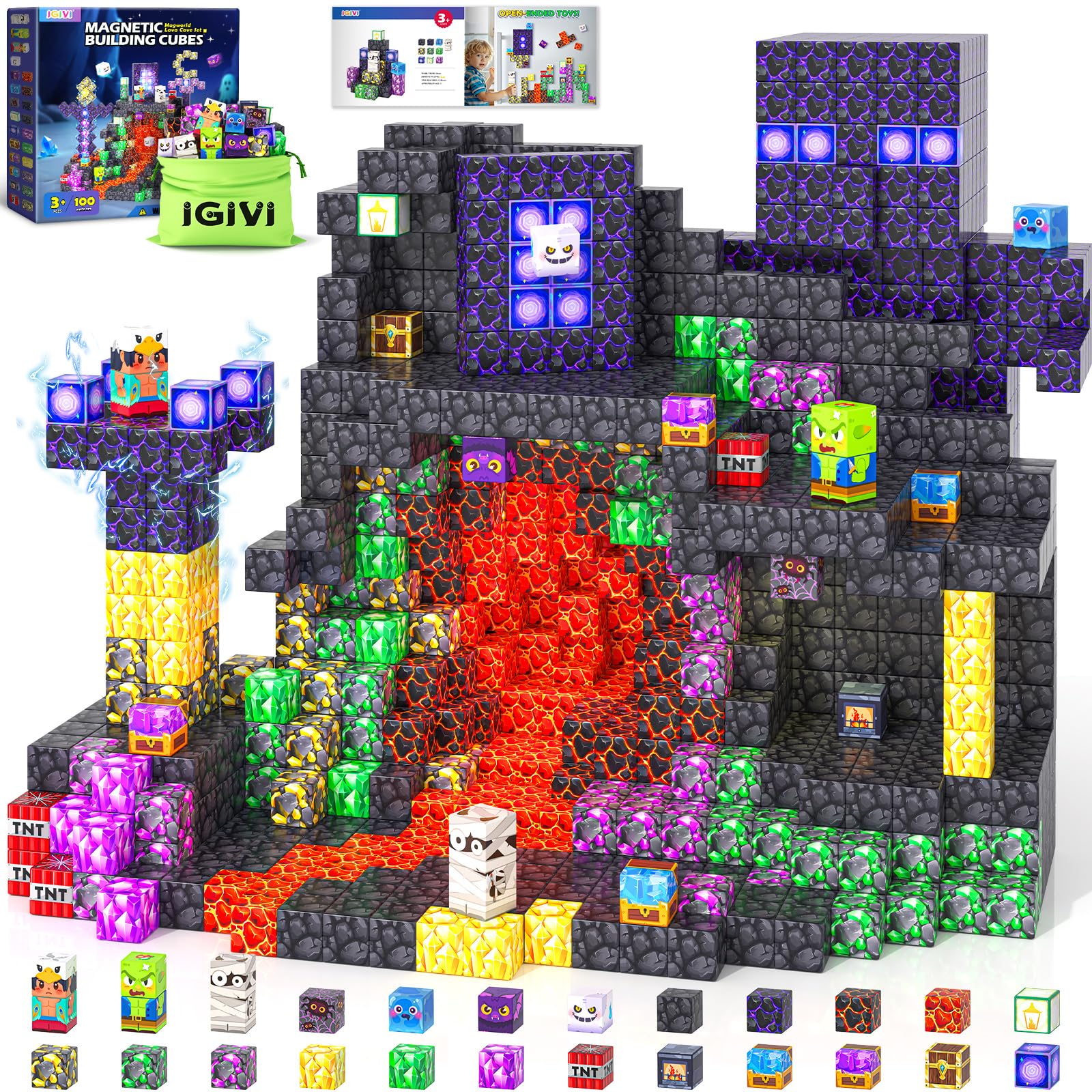 Magworld Magnetic Blocks 100 PCS Lave Cave Building Toys Games Gift for Kids Toddlers
