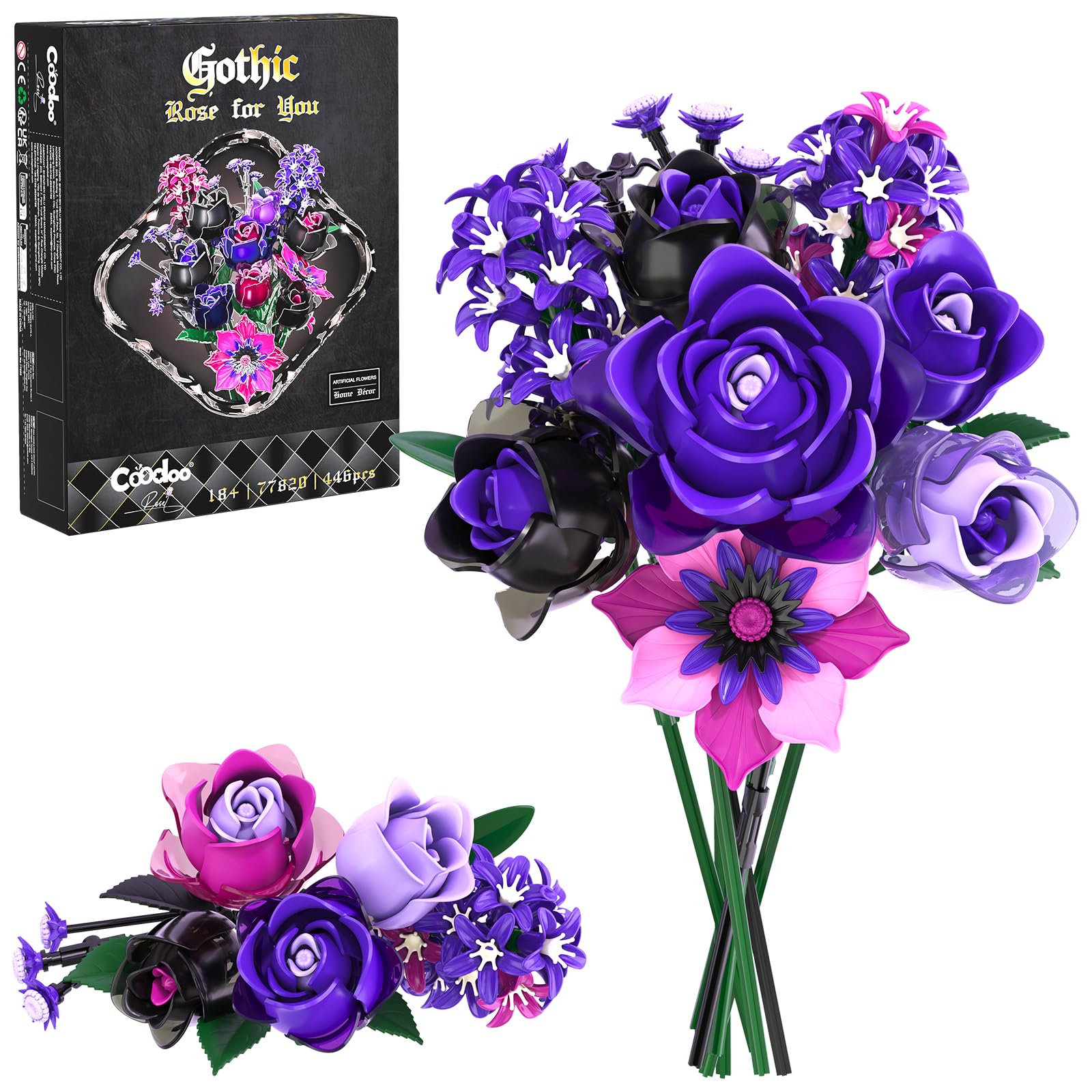 Gothic Rose Bouquet Building Set, Compatible with Lego Flowers, Halloween Botanical Collection for Home Decor,