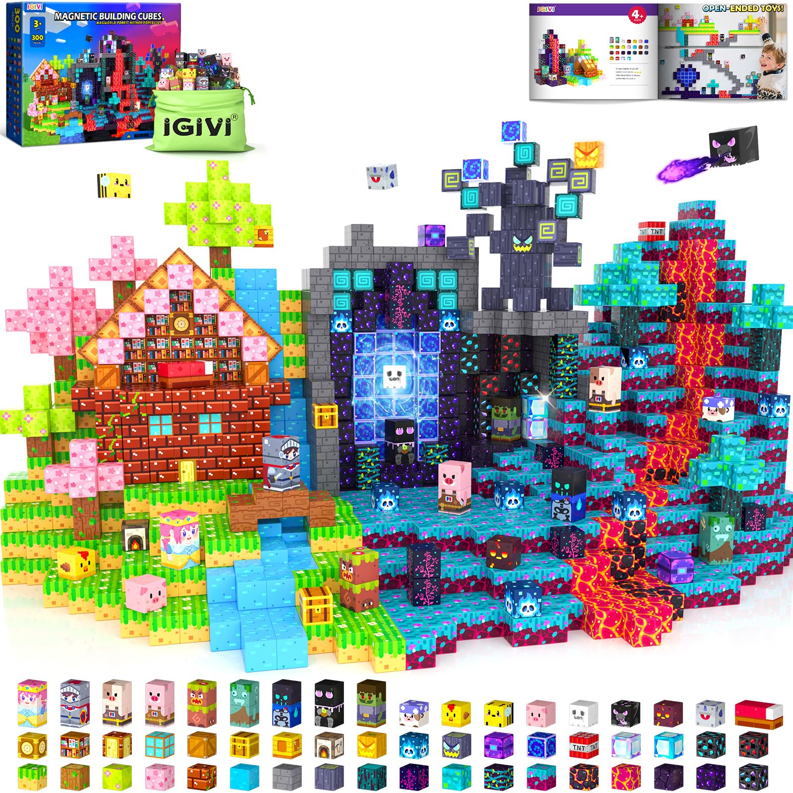 300PCS Magnetic Blocks, Build Mine Magnet World Set, Stacking Magnetic Building Cubes for Kids STEM Montessori Toys