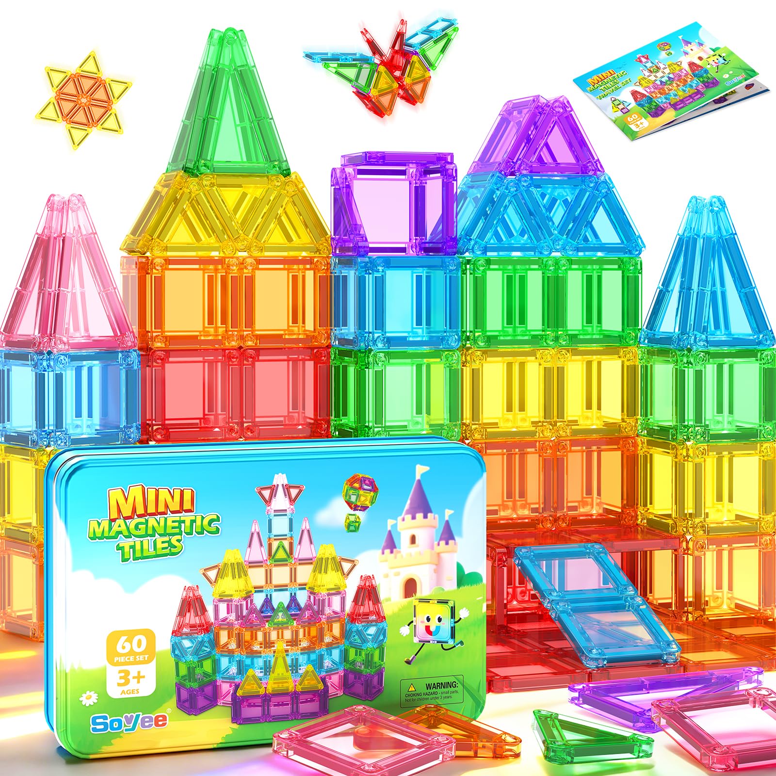 Mini Travel Magnetic Tiles 60PCS with Metal Tin Case Toddler Kids Toys Travel Essentials, Toddler Travel Toys Portable STEM Building Blocks