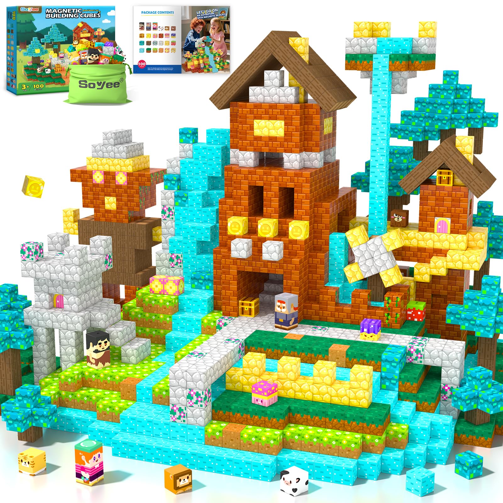 Magnetic Blocks Building Toys Games 100PCS Pixel Forest for Boys & Girls Magnet STEM Sensory Toddler Kids Learning Toys