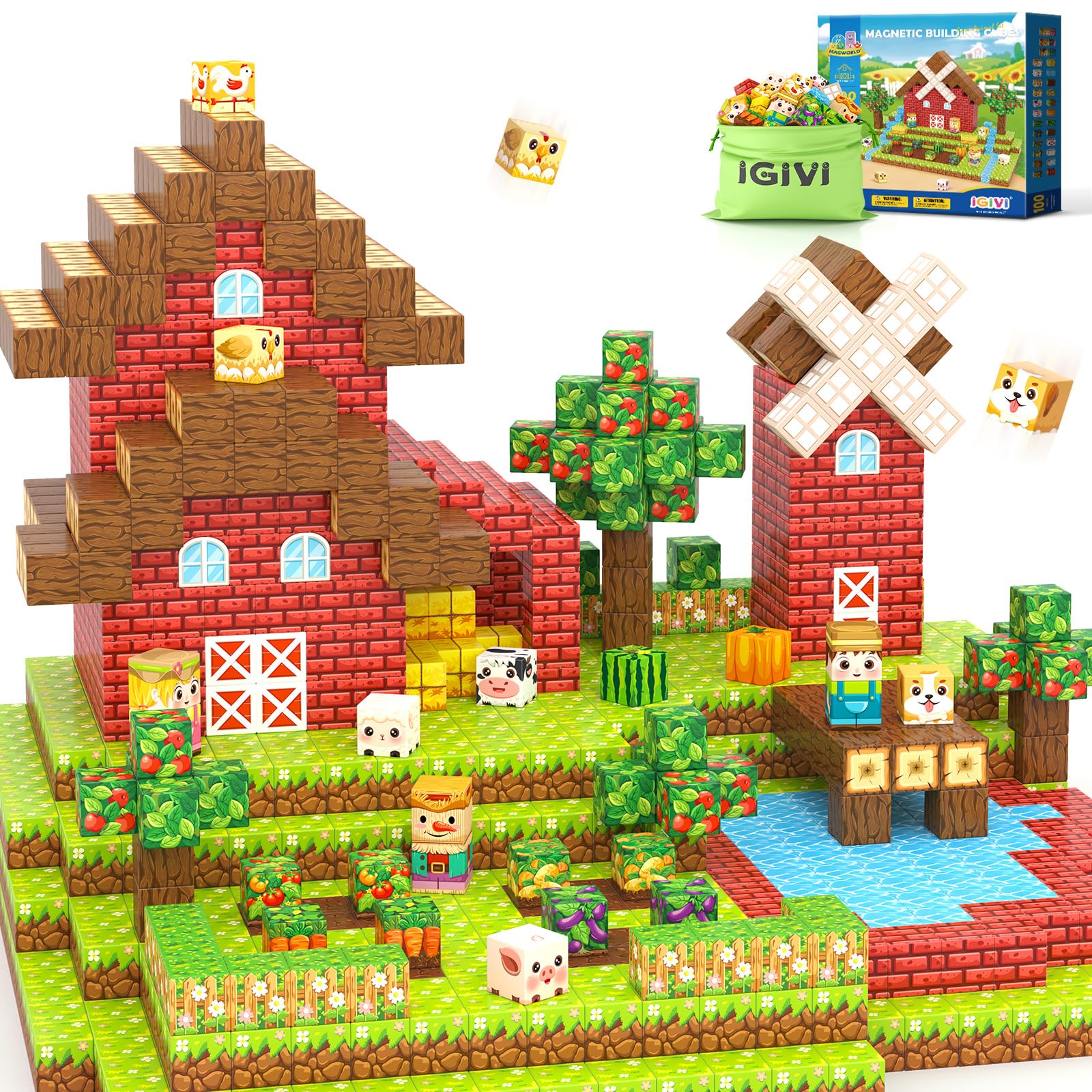 Magworld 100 PCS Magnetic Blocks - Build Mine Magnet World Farm Animals Set