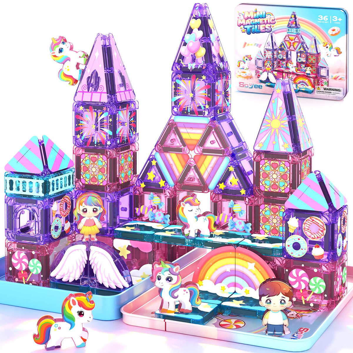Mini Magnetic Tiles Building Blocks with 4 Unicorn Toys Girls Toys Gifts
