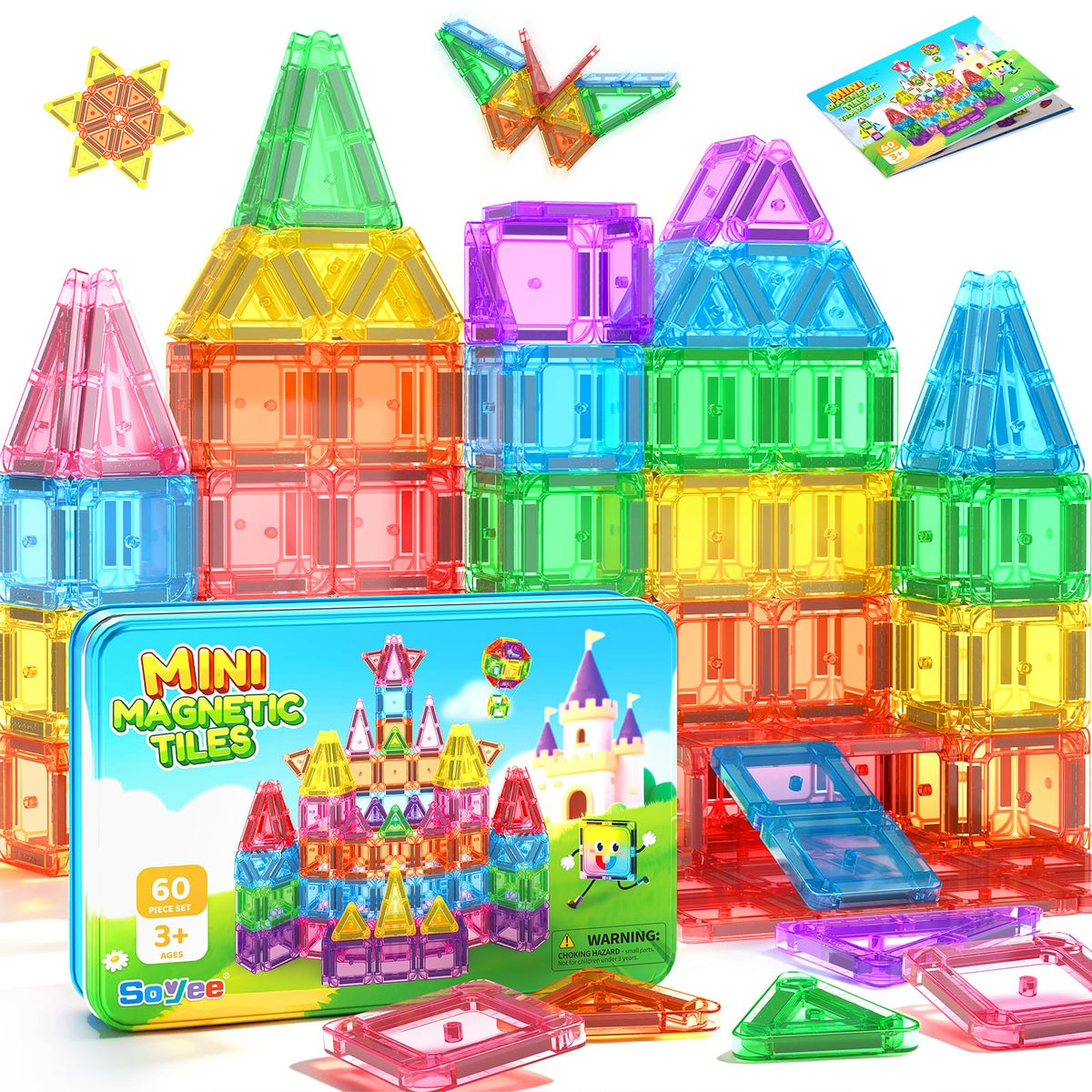 Mini Travel Magnetic Tiles 60PCS with Metal Tin Case Toddler Kids Toys Travel Essentials, Toddler Travel Toys Portable STEM Building Blocks