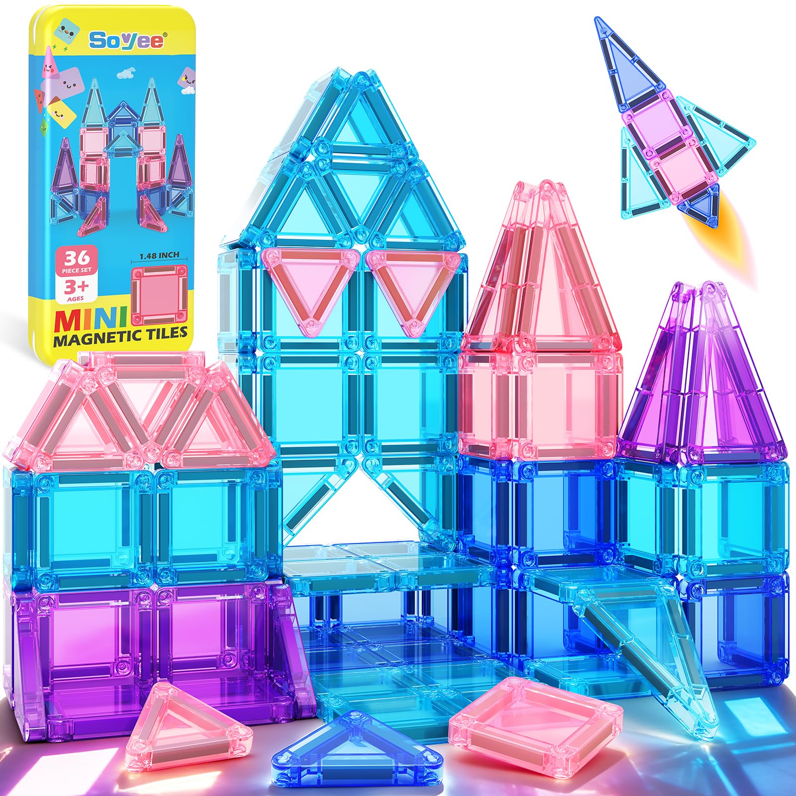 Magnetic Tiles Toddler Toys Travel Essential Games Magnet Building Blocks 36 PCS STEM Sensory Educational Toys
