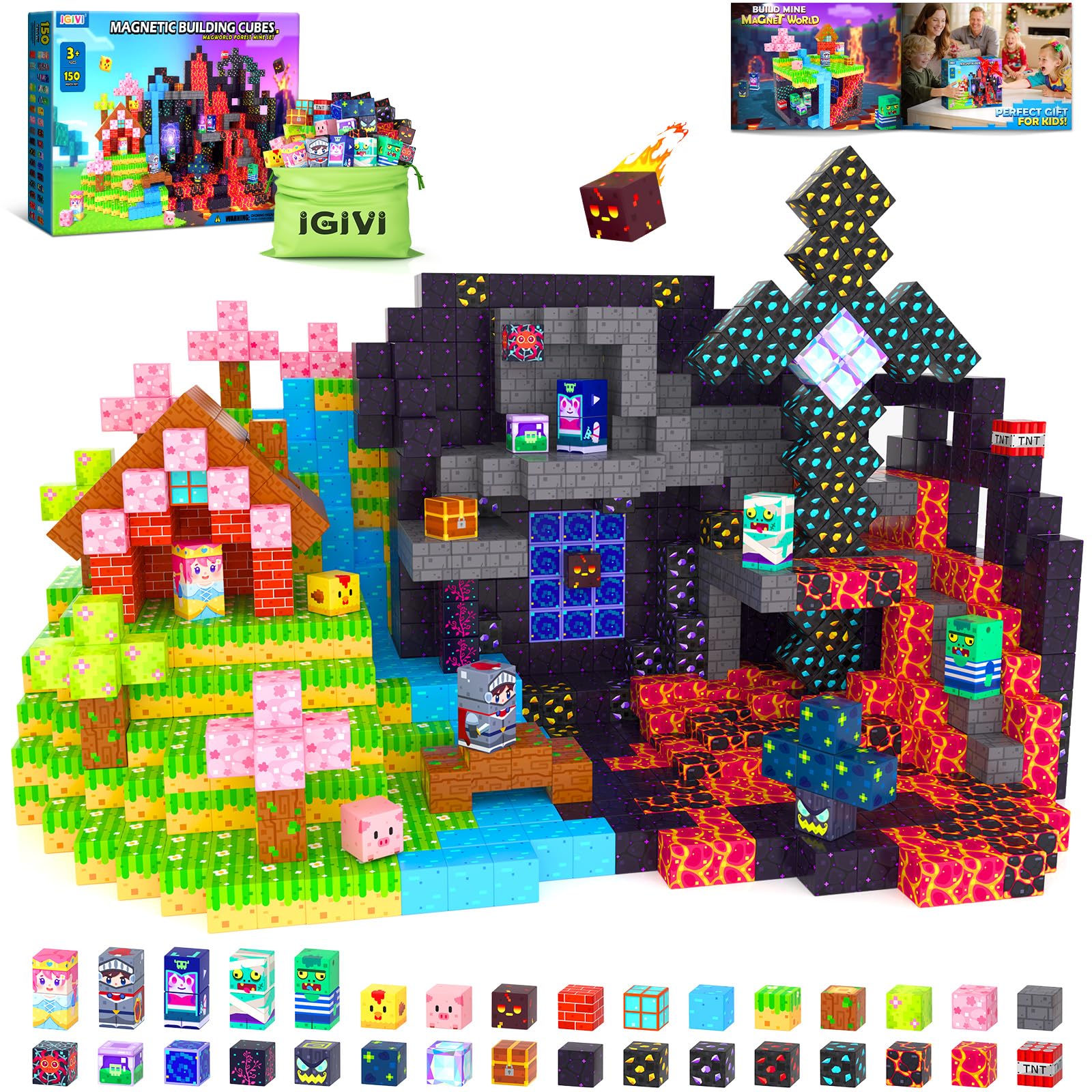 150PCS Magnetic Blocks - Build Mine Magnet World Forest Set Magnets Building Toys for Kids Birthday Gifts