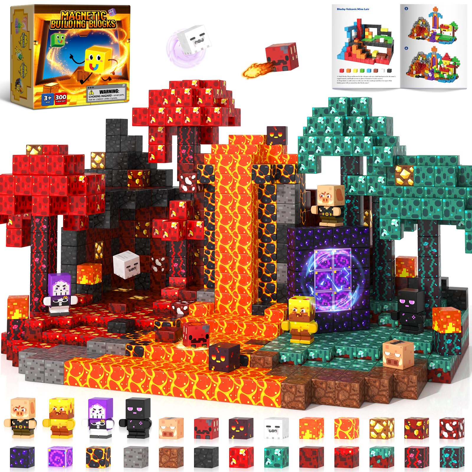 300PCS 0.8in Magnetic Blocks, 8 Strong Magnets Building Cubes Support Misaligned Stacking, Nether Theme STEM Toys