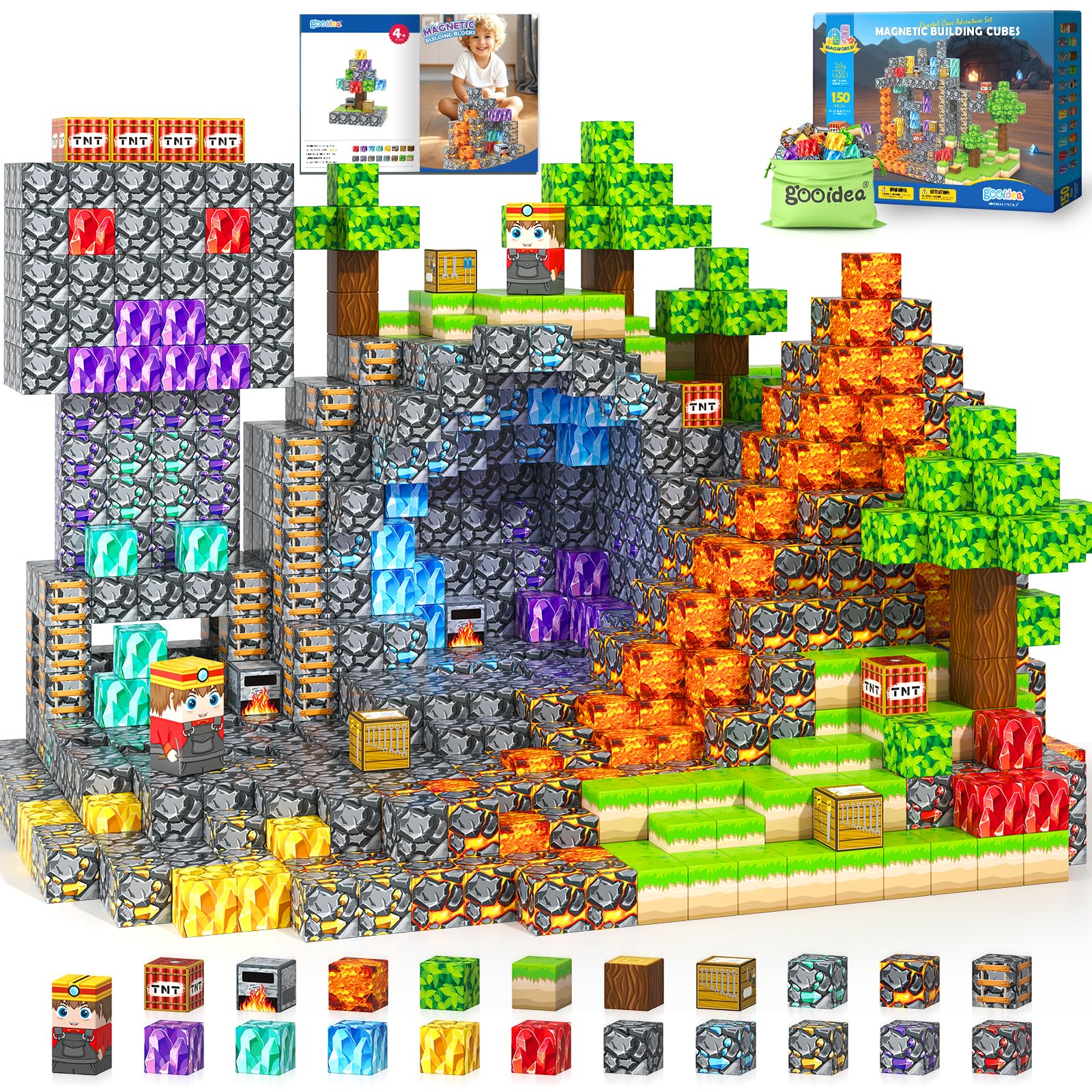 Magworld 150 PCS Magnetic Building Blocks STEM Toy, Stacking Mine Magnet World Craft Cubes