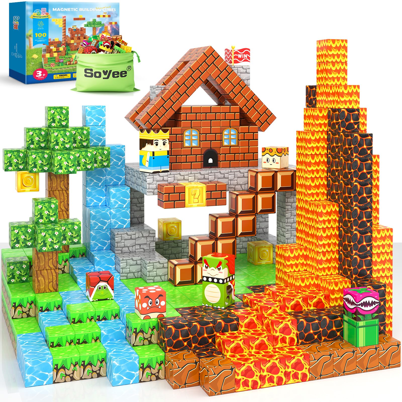 Magworld 100pcs Magnetic Blocks - Build Mine Magnet World Game Adventure Set STEM Building Toys for Kids 3+