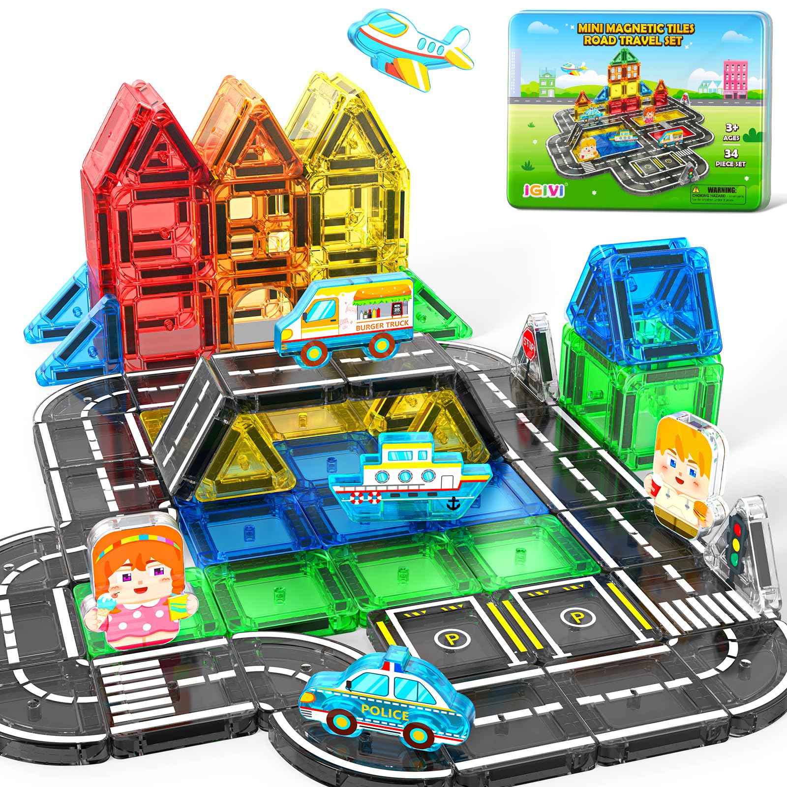 Mini Magnetic Tiles Road Travel Essentials Set — Portable STEM Sensory Magnetic Building Blocks 34 PCS