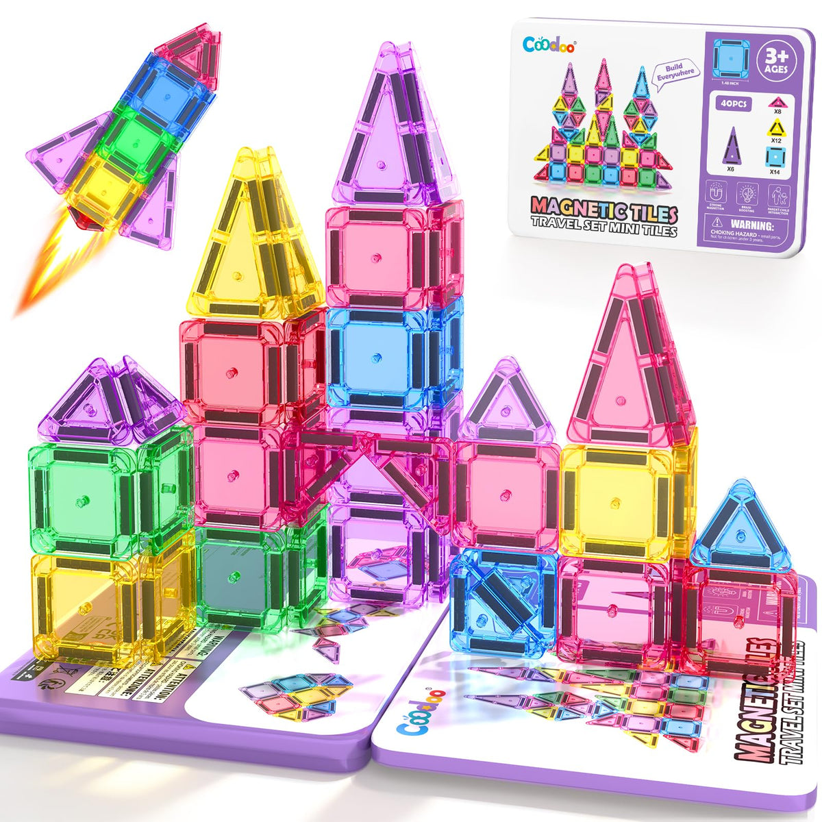 Magnetic Tiles Mini Travel Toys Set for Kids 40 PCS, Magnetic Blocks Building Toy Preschool Classroom Must Haves, Montessori  Toys