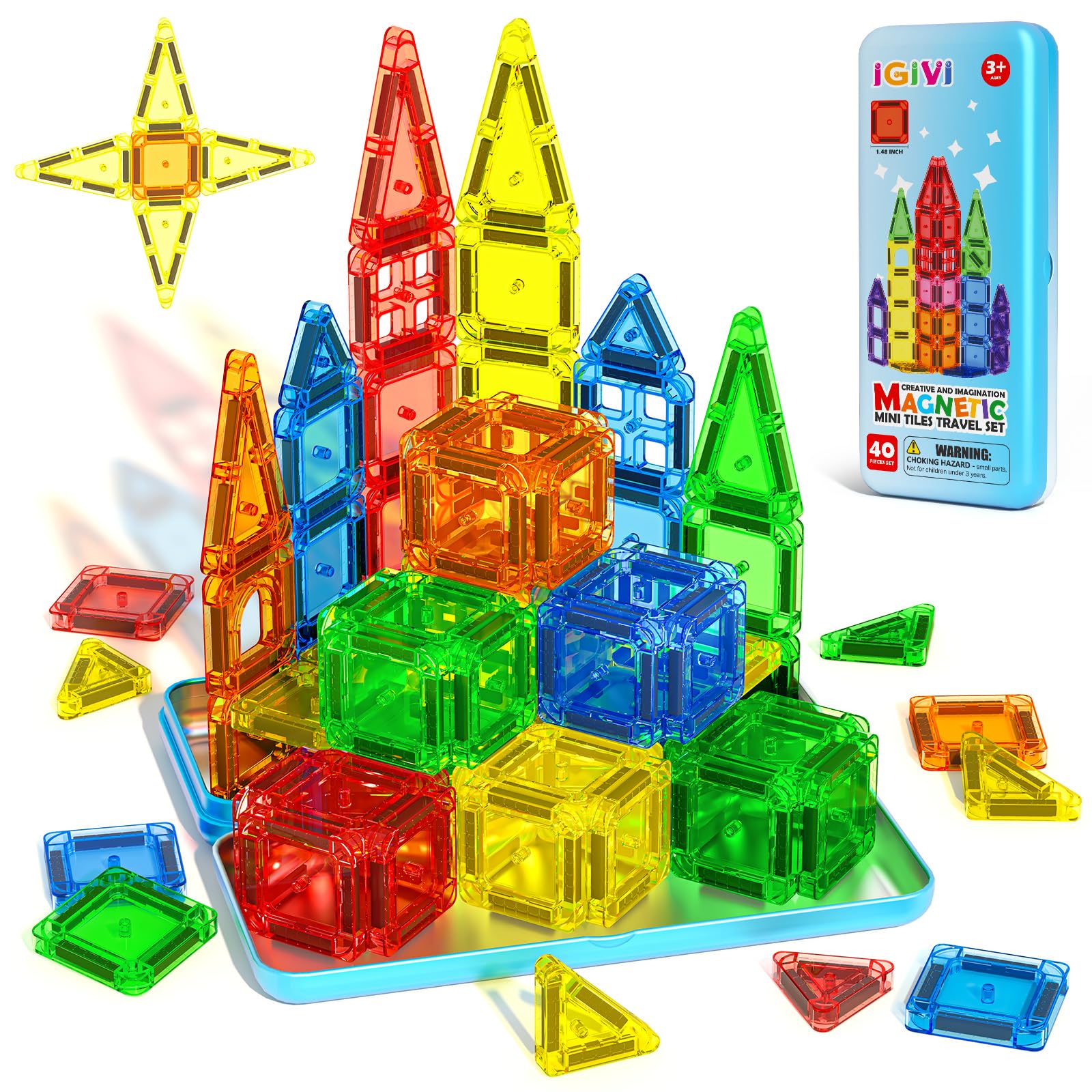 Mini Magnetic Tiles Travel Set with Case 40 PCS Toddler Travel Games for Car Rides & Restaurants