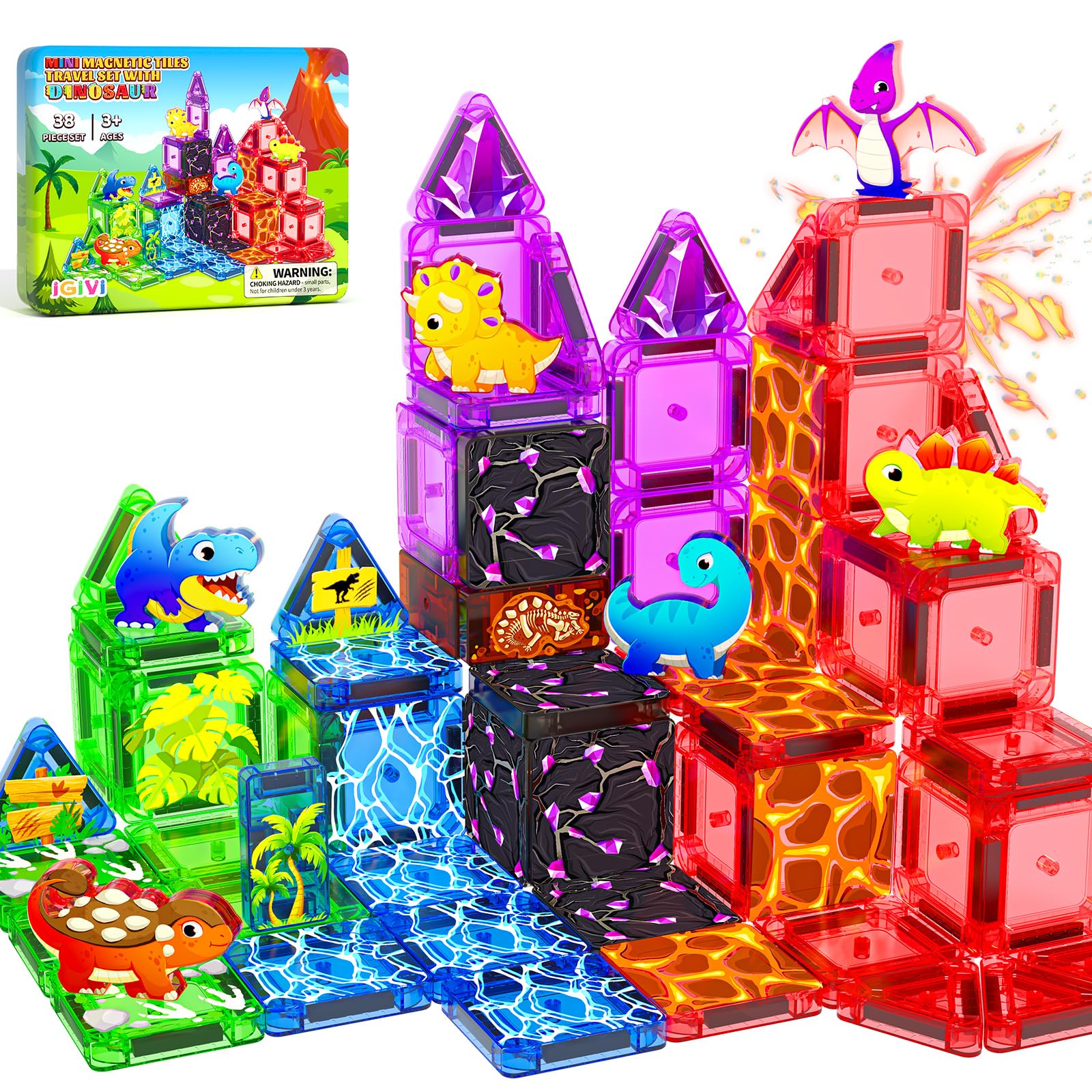 Mini Dinosaur Magnetic Tiles Travel Set for Toddlers, Magnet Toys with Case