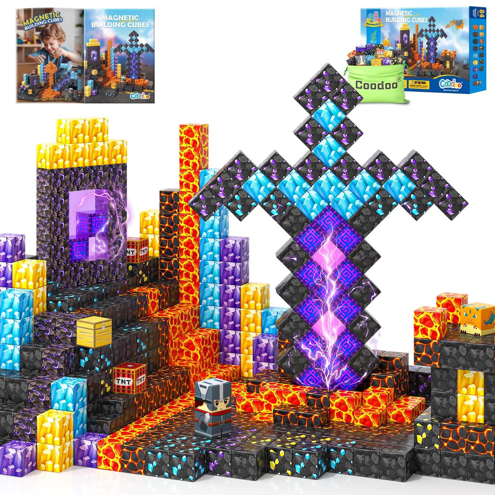 Magworld Magnetic Cubes 84Pieces Build Mine Magnet World Magic Sword Portal Set