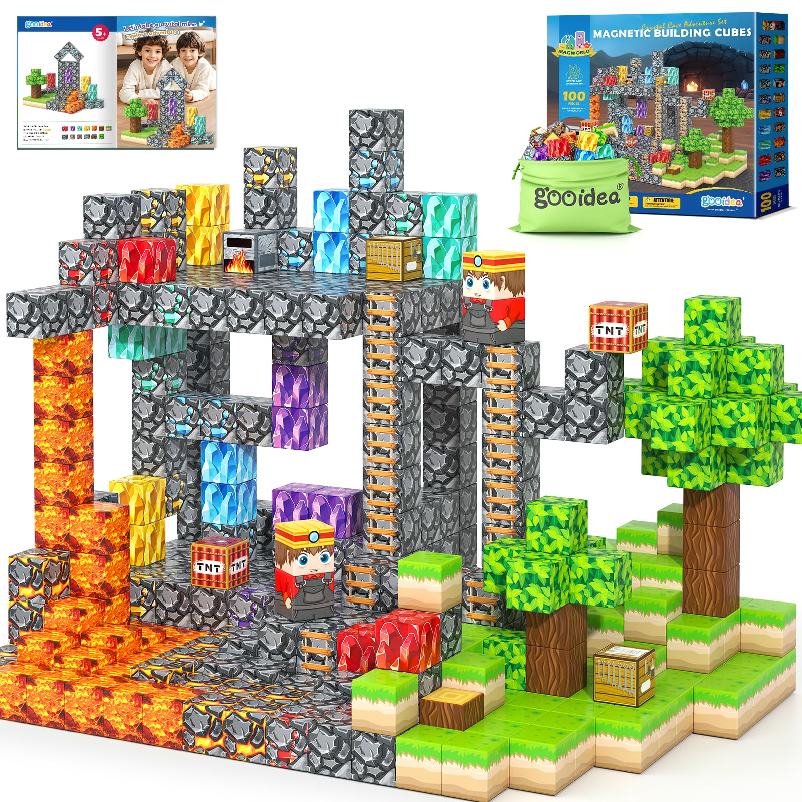 Magworld Magnetic Blocks 100PCS  Magnetic Building Cubes Crystal Mine Cave Inspired Playset