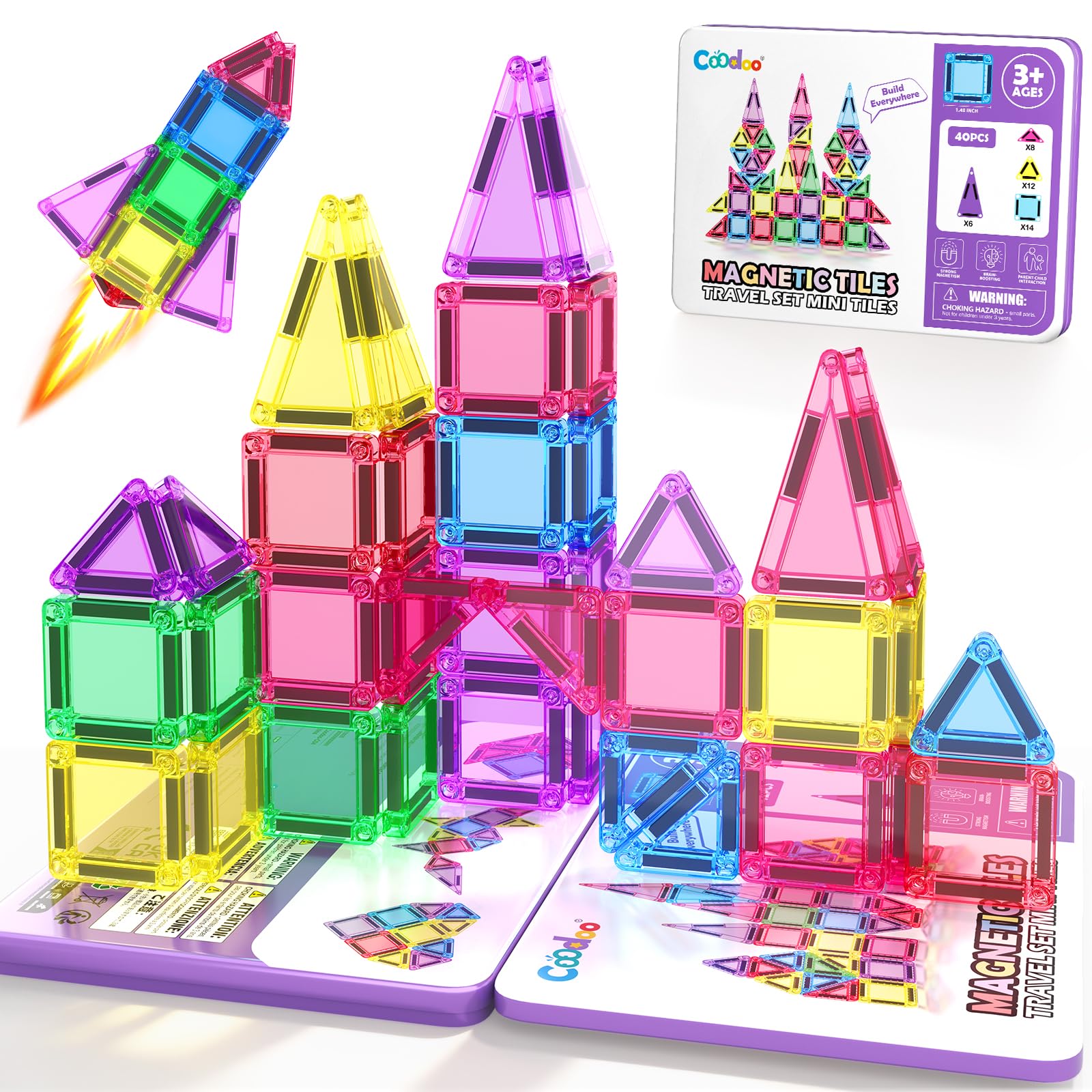 Magnetic Tiles Mini Travel Toys Set for Kids 40 PCS, Magnetic Blocks Building Toy Preschool Classroom Must Haves, Montessori  Toys